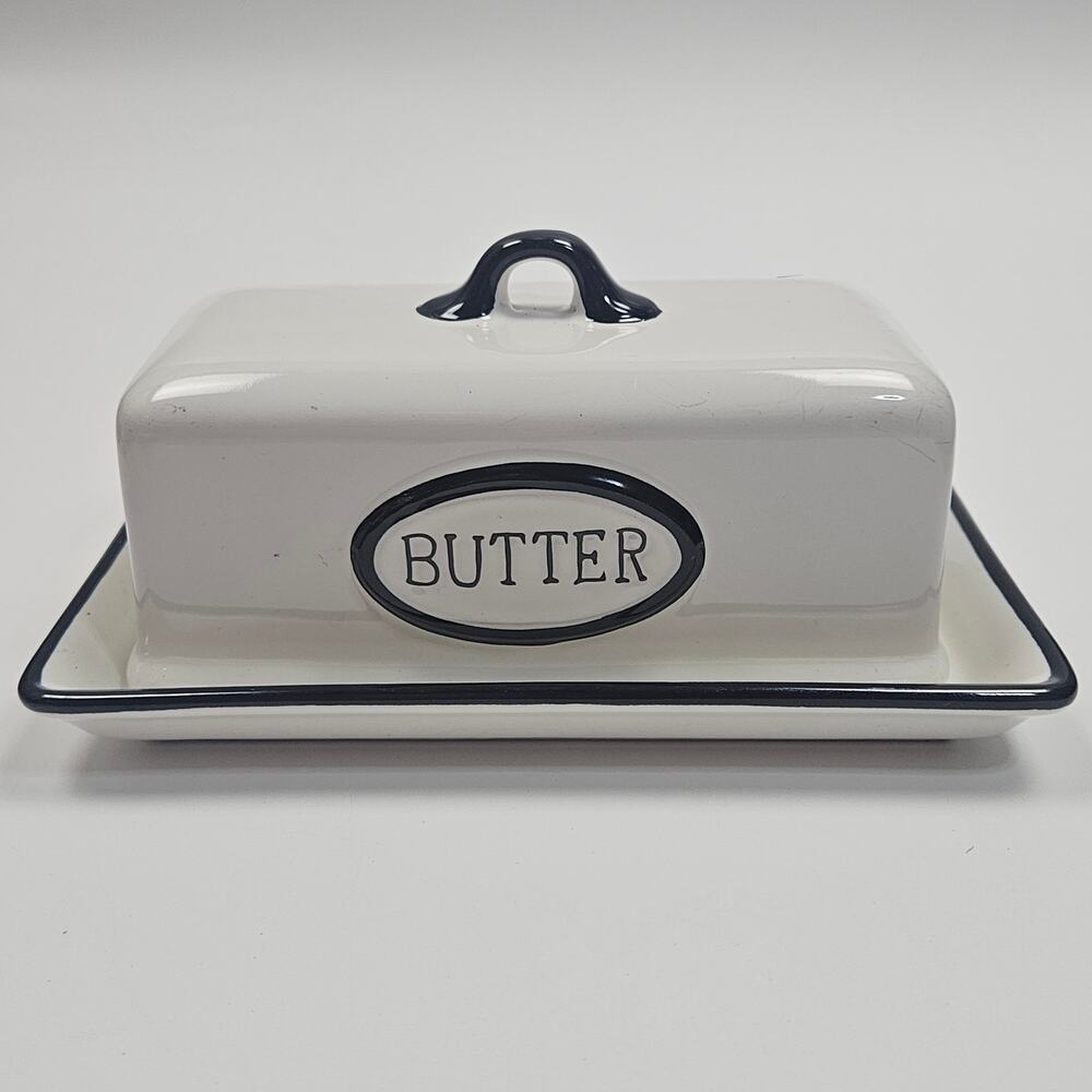 Home Butter Dish Top and plate 7.25" Long 3.25" Tall White Black Letters Ceramic